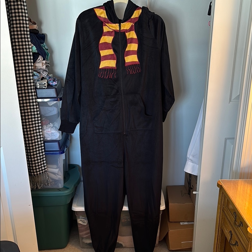 Black Hooded Harry Potter Onesie with Gryffindor Scarf